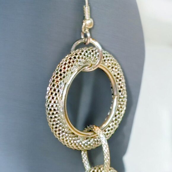 Silver Tone Rope-Like Light Weight Long Dangling Pierced Earrings Statement - Picture 4 of 4